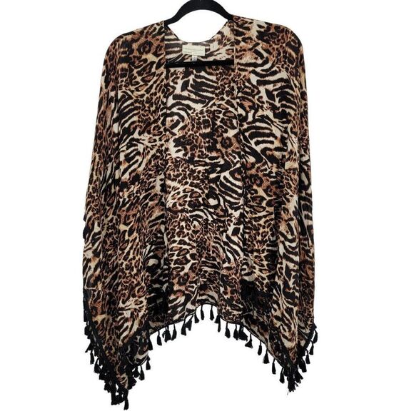 Bobbie Brooks Lightweight Kimono Cardigan One Size Brown Leopard Tassel Fringe - Picture 13 of 13